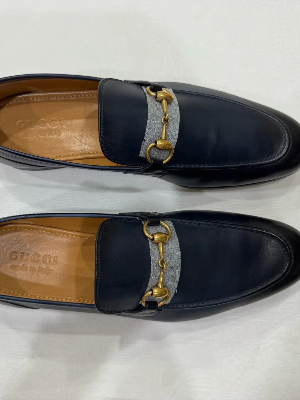 Brand New Men's Gucci Jordaan Navy Leather Bit Loafers (Gold Buckle)